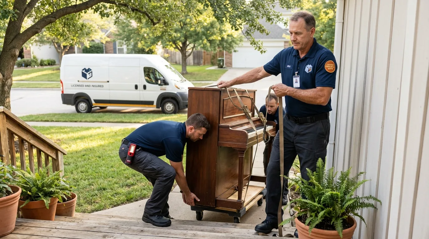 Licensed piano movers securing grand piano in Brooks, KY