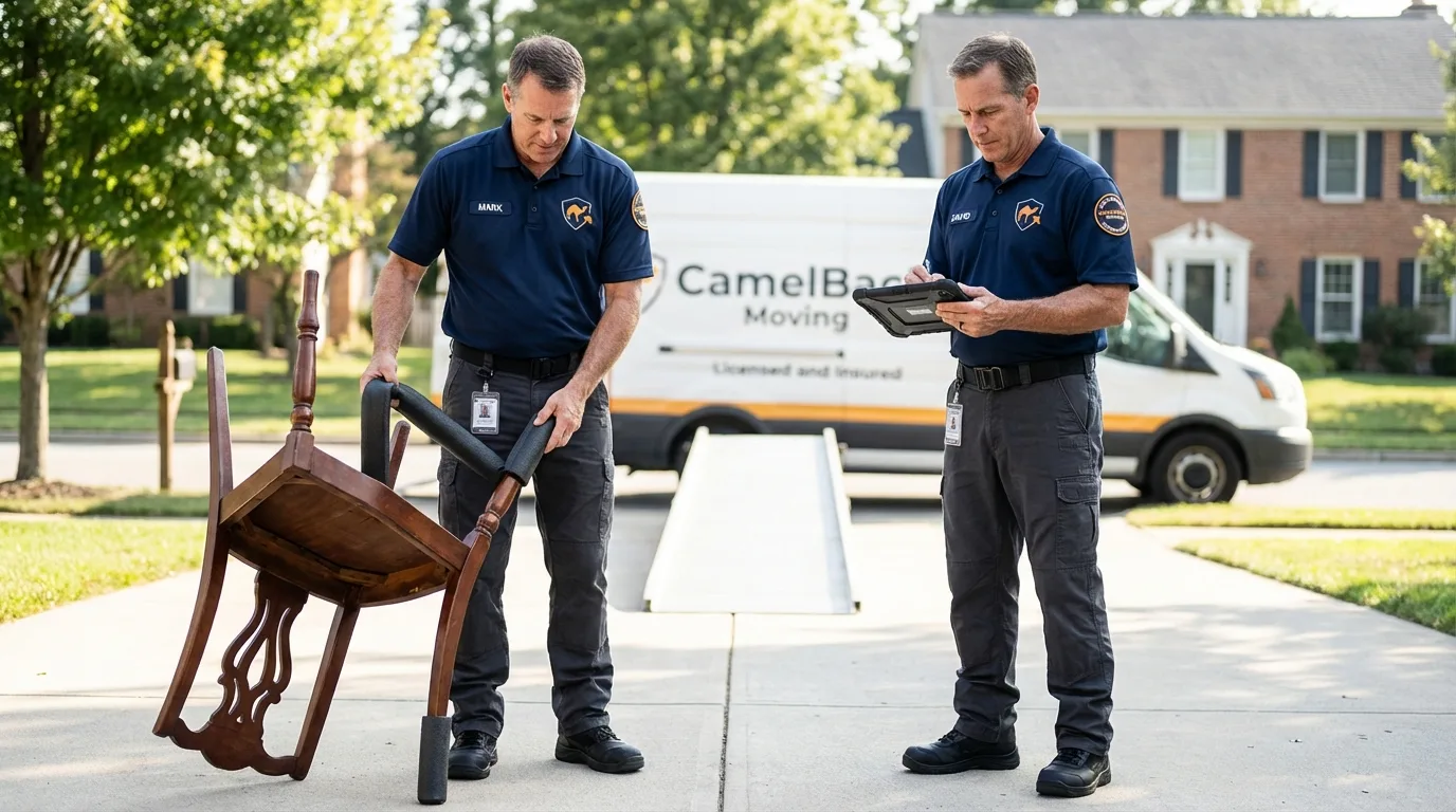 Movers inspecting furniture for damage prevention before loading in Brooks, KY